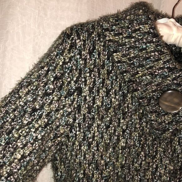 Tweeds M Wool Blend Olive Green Teal Gray White Boucle Chunky Knit Cardigan - Picture 7 of 15